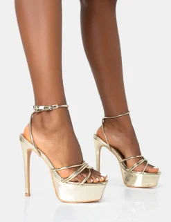 Sale Afterhours Strappy Platform Square Toe Stiletto Heels Gold Heels | Square Toe Heels