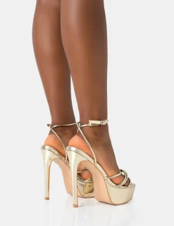 Sale Afterhours Strappy Platform Square Toe Stiletto Heels Gold Heels | Square Toe Heels