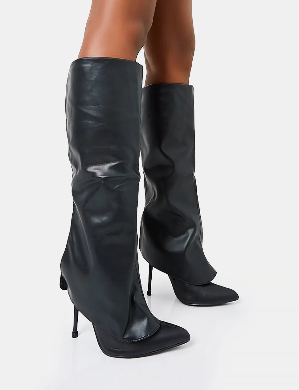 Shop All Yours Pu Fold Over Pointed Toe Stiletto Knee High Boots High Heels | Heeled Boots