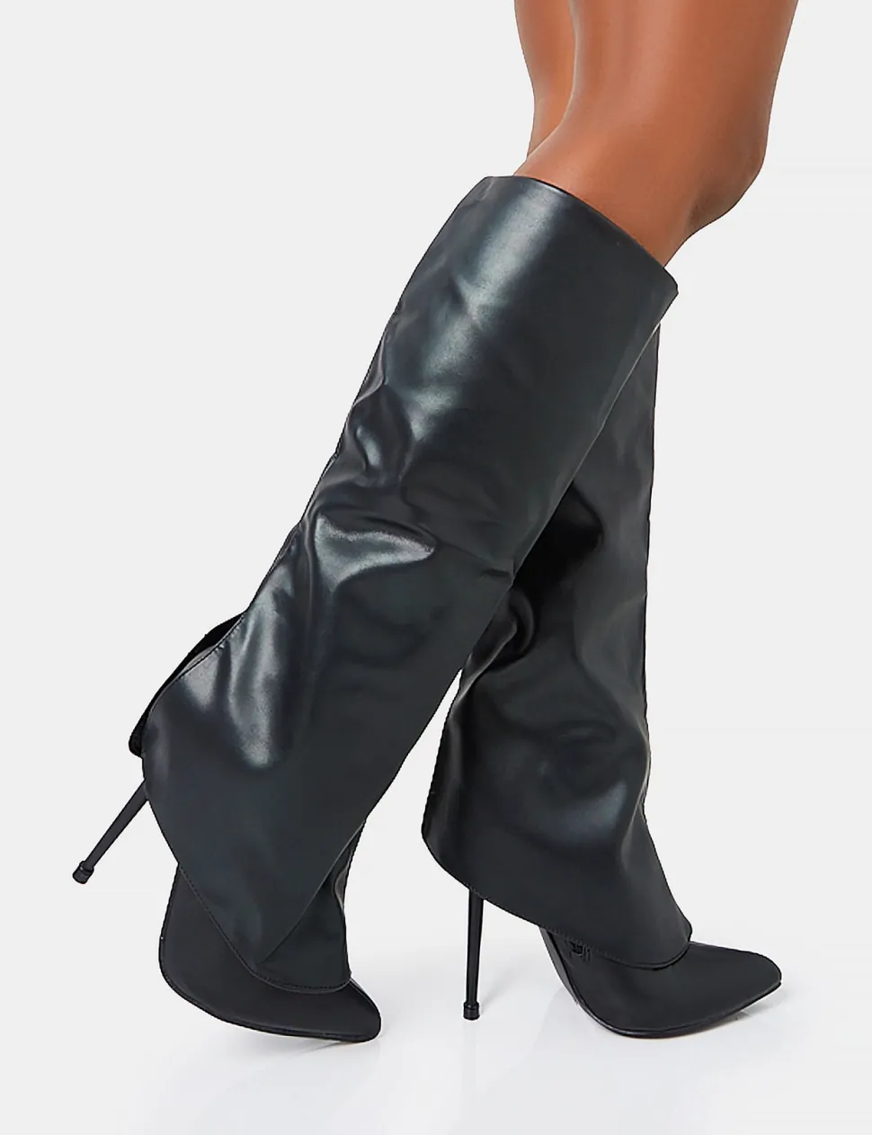 Shop All Yours Pu Fold Over Pointed Toe Stiletto Knee High Boots High Heels | Heeled Boots