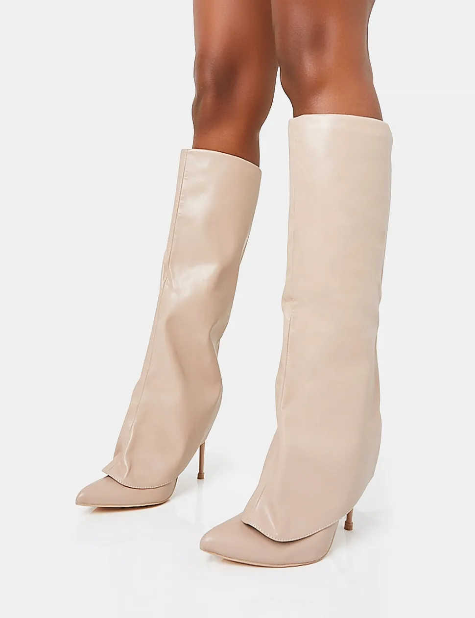 Fashion All Yours Nude Pu Fold Over Pointed Toe Stiletto Knee High Boots High Heels | Heeled Boots