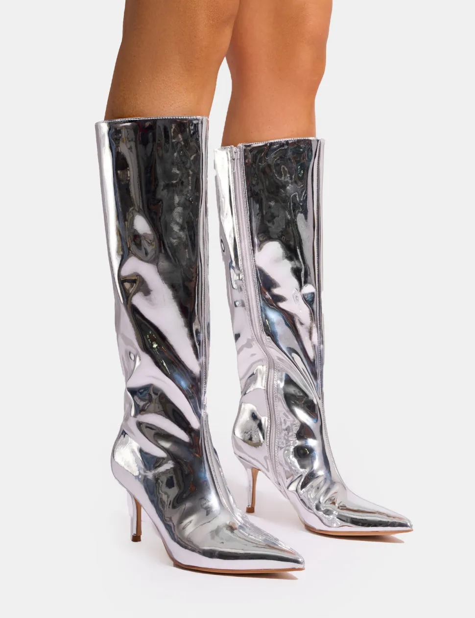New Amped Mirror Pointed Toe Mid Heel Knee High Boots Mid Heels | Mid Heels