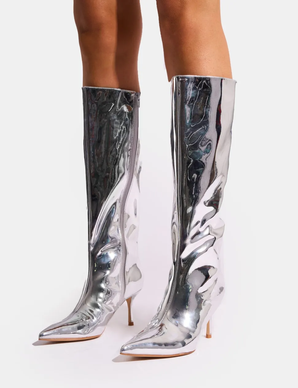 New Amped Mirror Pointed Toe Mid Heel Knee High Boots Mid Heels | Mid Heels