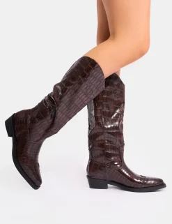 Hot Apollo Croc Wide Fit Flat Western Knee High Boots Western Boots | Ankle Boots