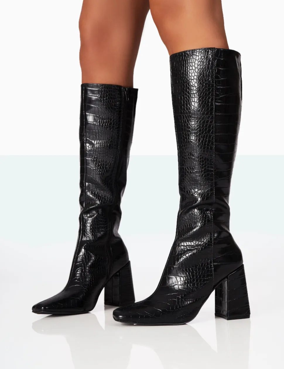 Flash Sale Apology Black Patent Croc Knee High Block Heel Boots Heeled Boots | Knee High Boots