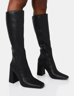 Sale Apology Wide Fit Pu Knee High Block Heel Boots Back In Stock | Wide Fit Boots