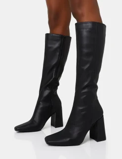 Sale Apology Wide Fit Pu Knee High Block Heel Boots Back In Stock | Wide Fit Boots