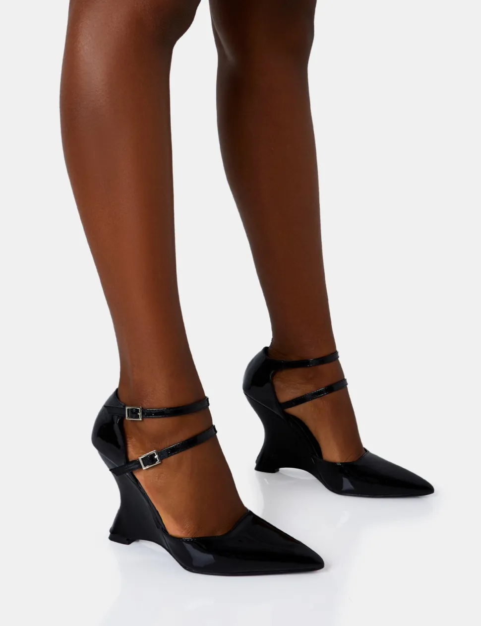 Clearance Aspiration Black Patent Strappy Pointed Platform Cut Out Wedge Heels Wedges | Block Heels