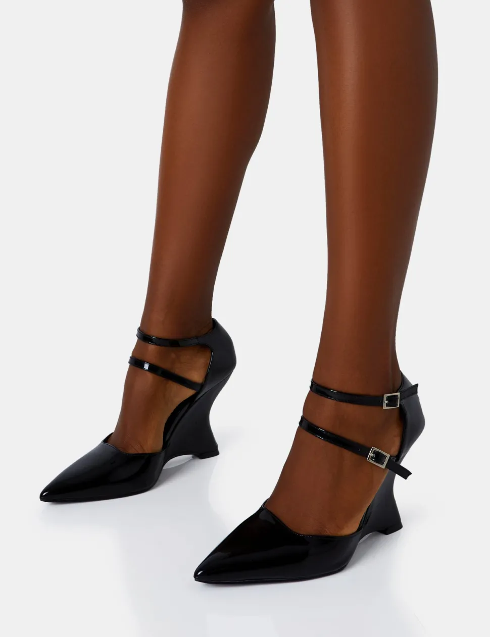 Clearance Aspiration Black Patent Strappy Pointed Platform Cut Out Wedge Heels Wedges | Block Heels