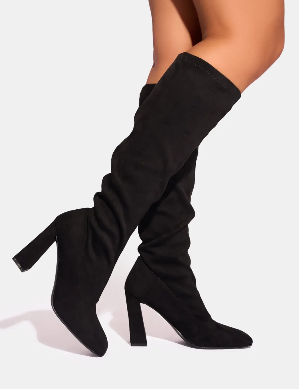Discount Audrina Suede Wide Fit Block Heel Knee High Sock Boots Wide Fit Block Heels | Block Heels
