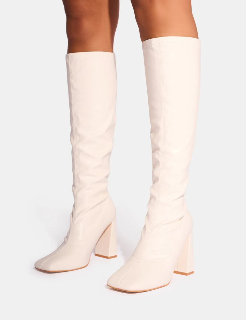 Best Audrina Pu Block Heel Knee High Sock Boots Block Heels | Sock Boots