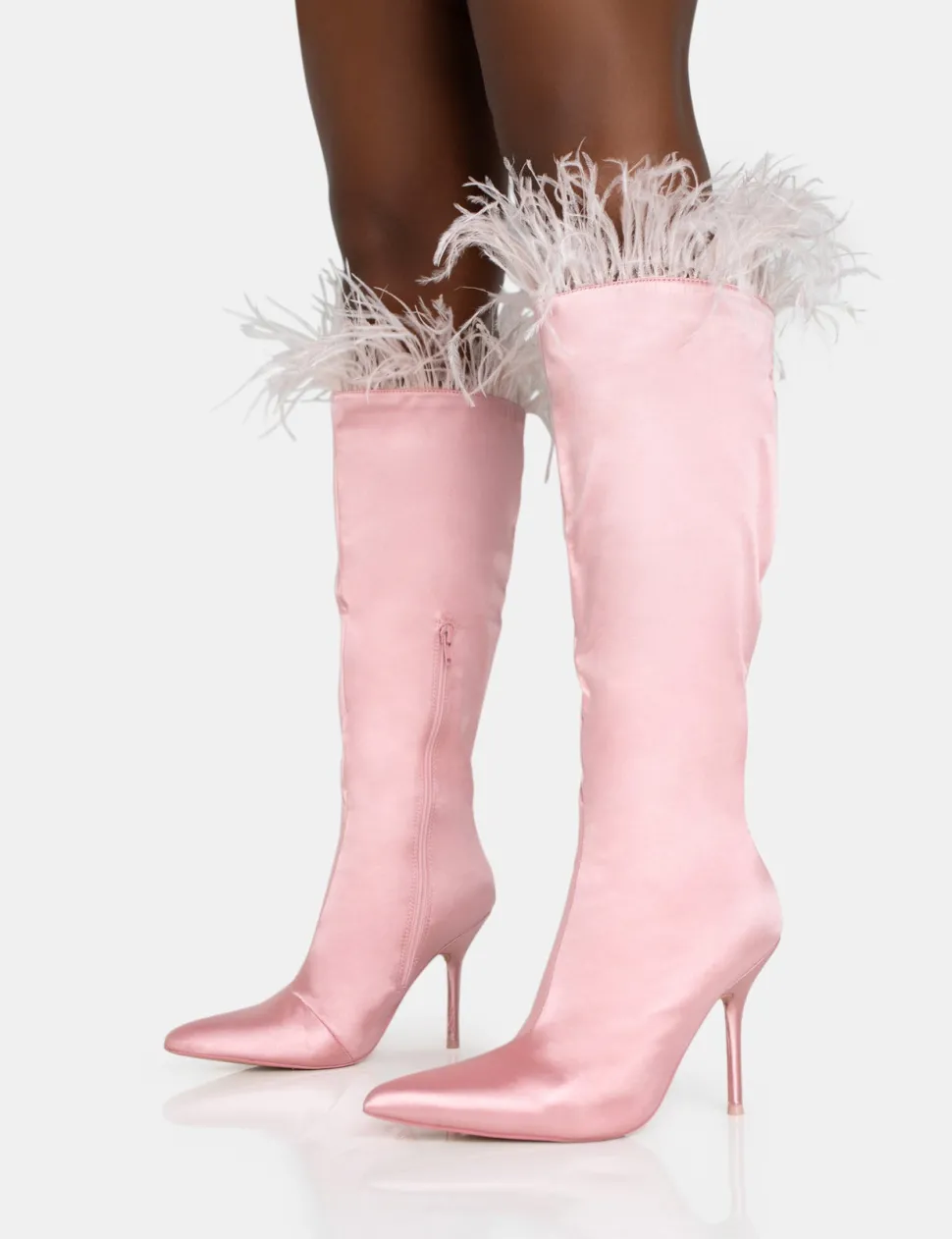 Hot Baddie Baby Pink Satin Feather Pointed Toe Stiletto Knee High Boots Sculpt & Leisure | Kaiia The Label