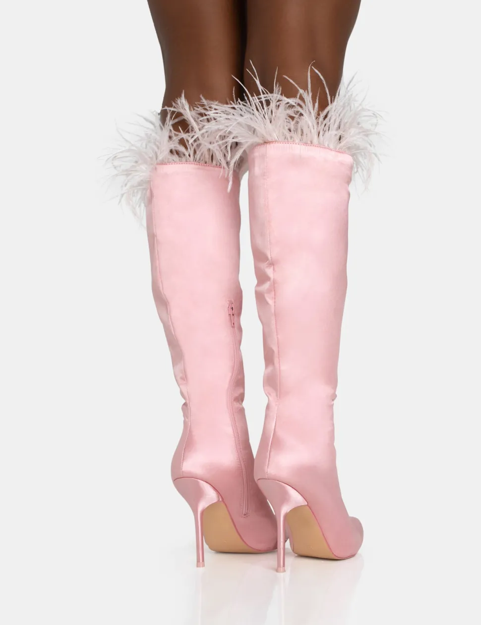Hot Baddie Baby Pink Satin Feather Pointed Toe Stiletto Knee High Boots Sculpt & Leisure | Kaiia The Label