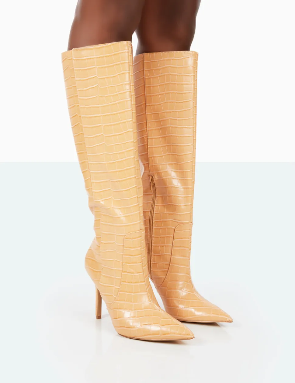 Shop Best Believe Caramel Croc Pointed Toe Stiletto Heeled Knee High Boots High Heels | Heeled Boots