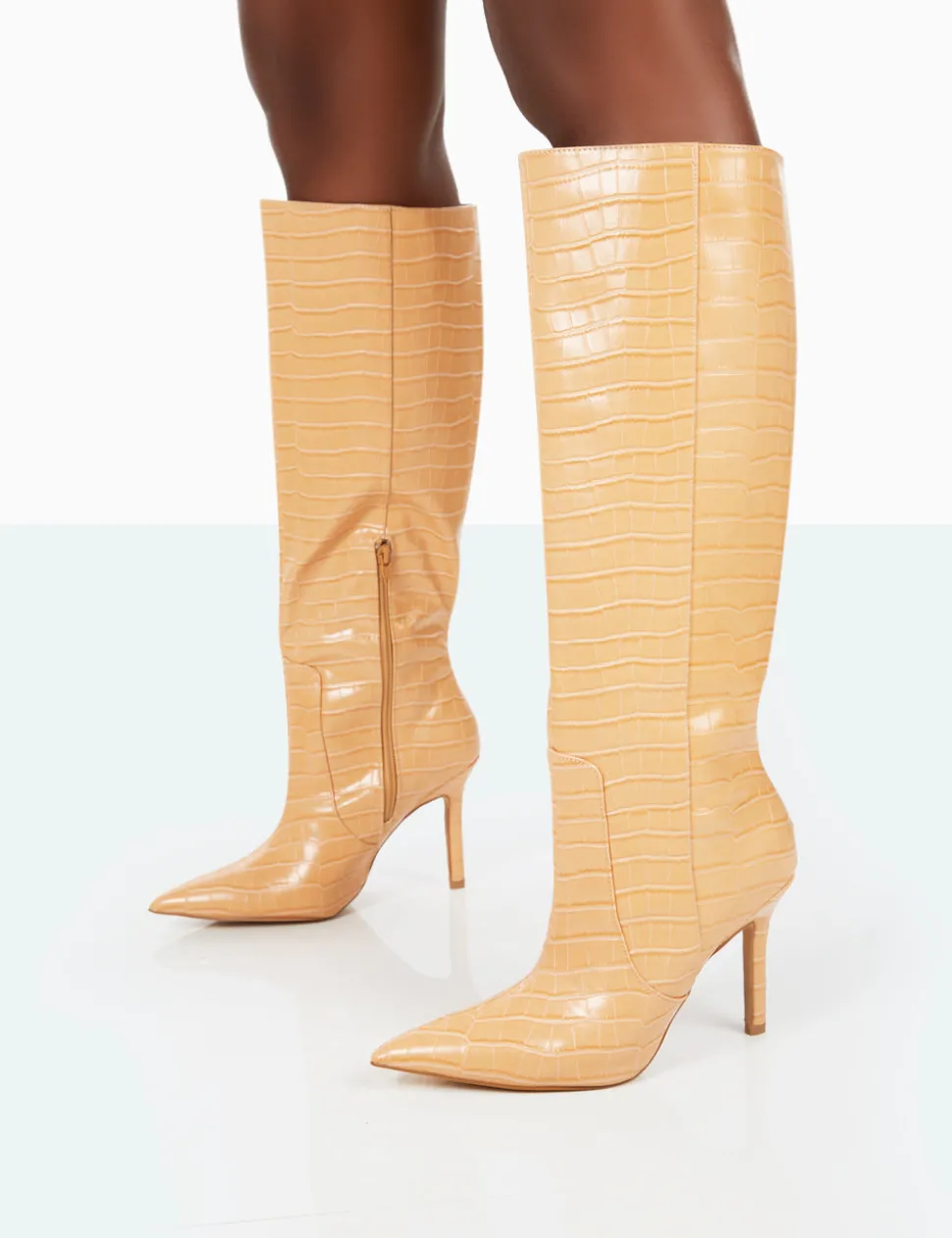 Shop Best Believe Caramel Croc Pointed Toe Stiletto Heeled Knee High Boots High Heels | Heeled Boots