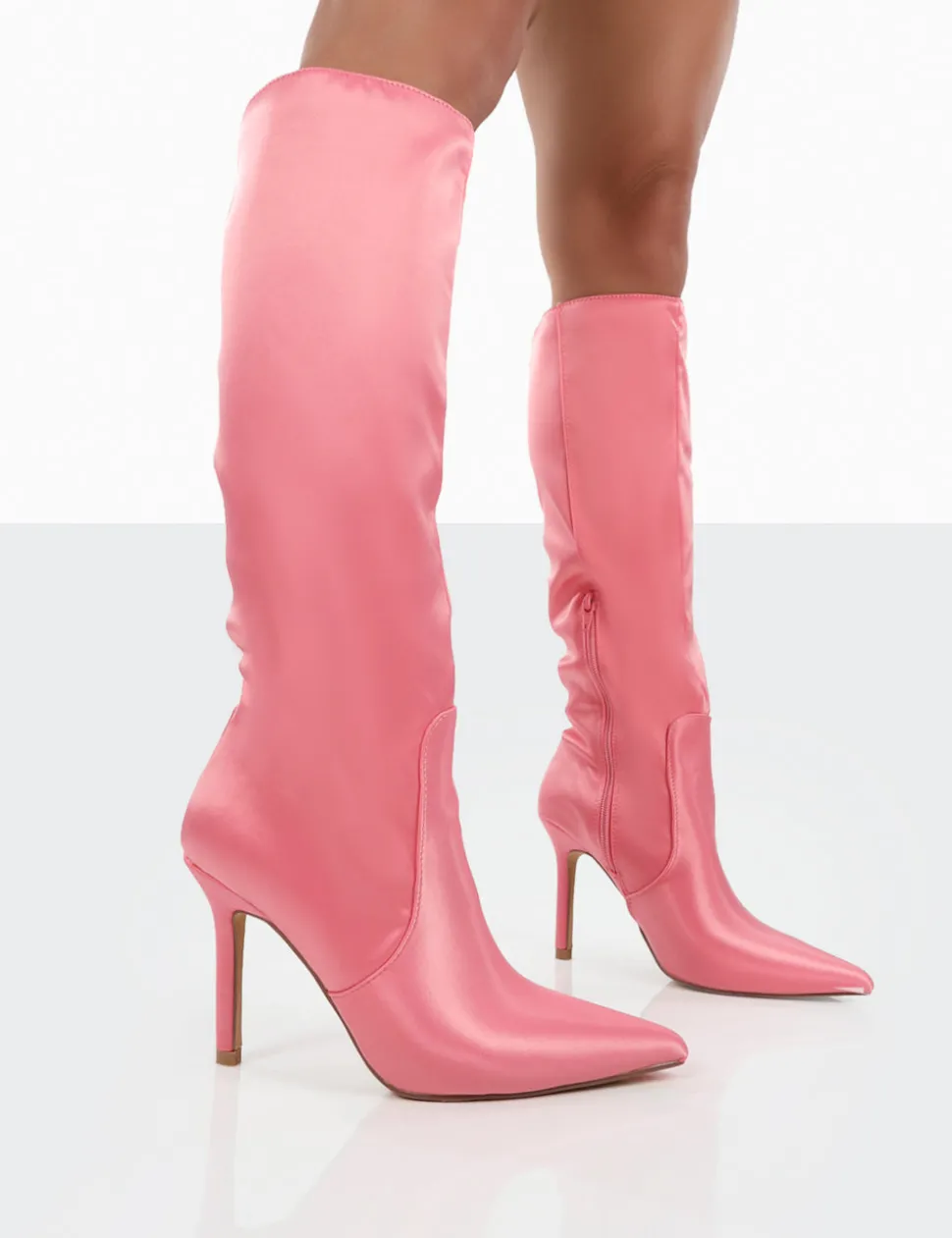 Cheap Best Believe Satin Pointed Toe Stiletto Heeled Knee High Boots High Heels | Heeled Boots