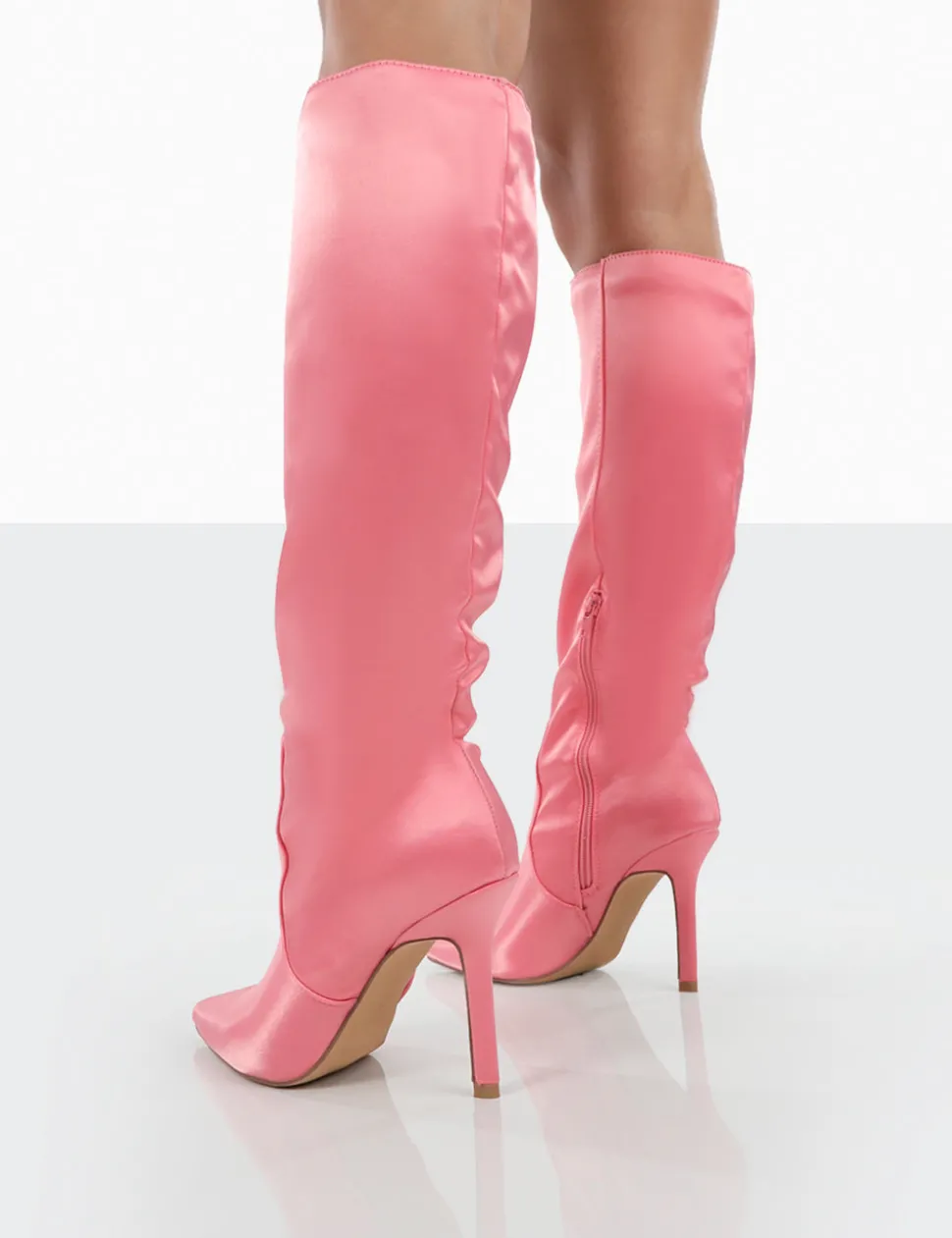 Cheap Best Believe Satin Pointed Toe Stiletto Heeled Knee High Boots High Heels | Heeled Boots