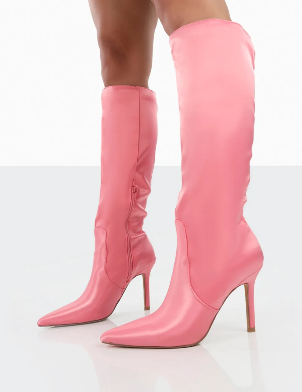 Cheap Best Believe Satin Pointed Toe Stiletto Heeled Knee High Boots High Heels | Heeled Boots