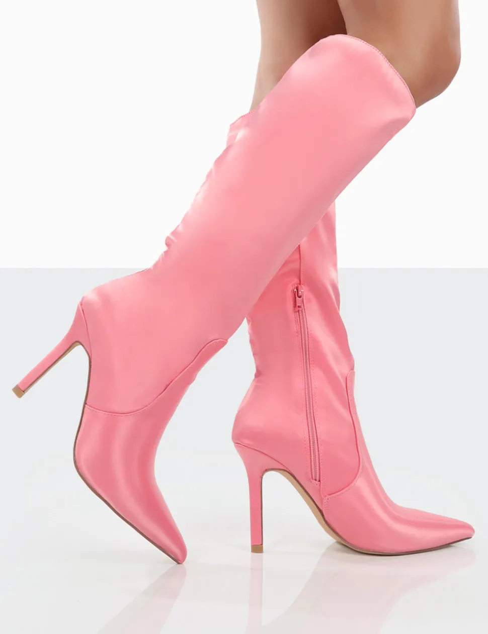 Cheap Best Believe Satin Pointed Toe Stiletto Heeled Knee High Boots High Heels | Heeled Boots