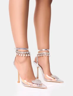 Online Blessing Clear Perspex Heart Ankle Court Stiletto Heels Court Heels | Diamante Heels