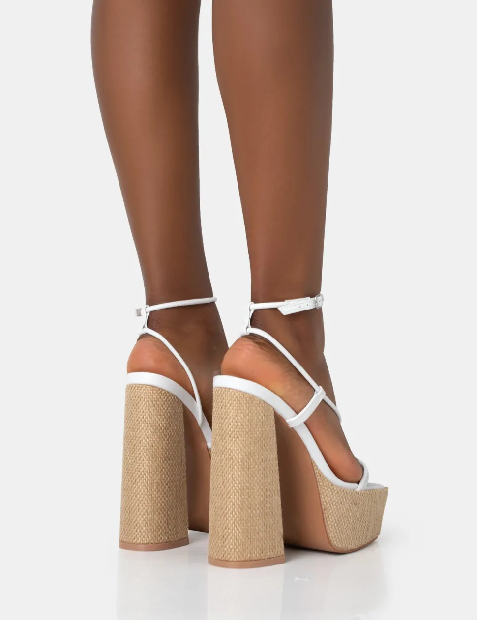 Outlet Blissful PU Asymmetric Strappy Square Toe Raffia Platform Block Heels 6" Heels | Strappy Heels