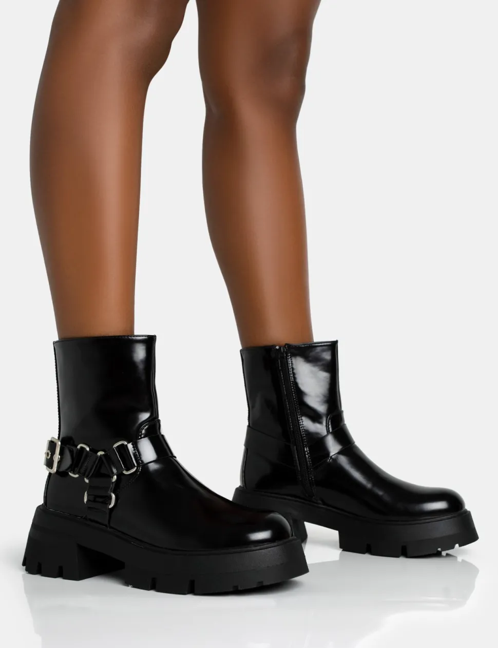 Shop Blizzard Silver Metal Buckle Detailed Zip Up Chunky Ankle Boots Flat Boots | Chunky Boots