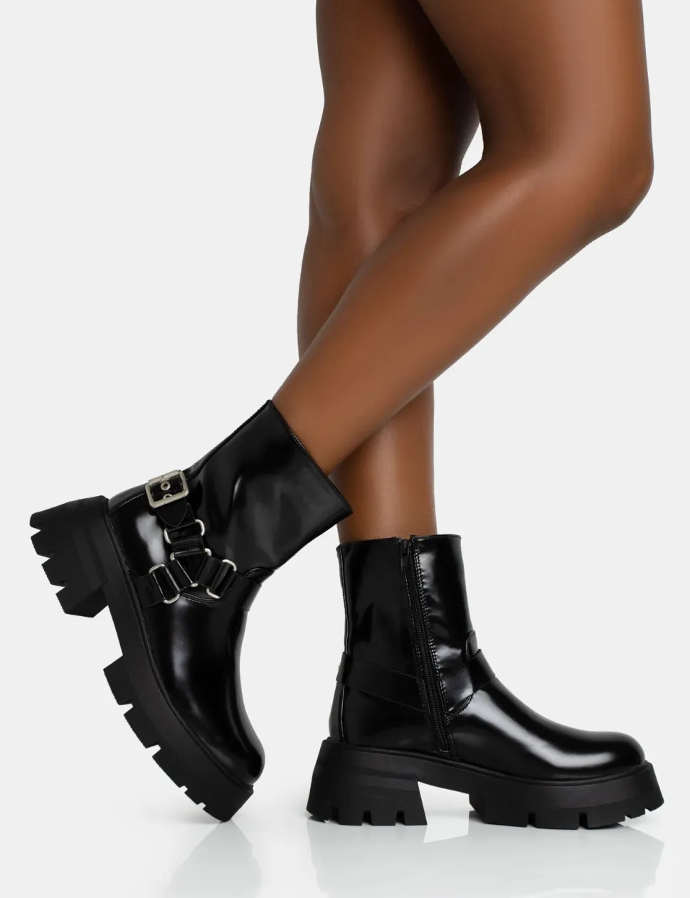 Shop Blizzard Silver Metal Buckle Detailed Zip Up Chunky Ankle Boots Flat Boots | Chunky Boots
