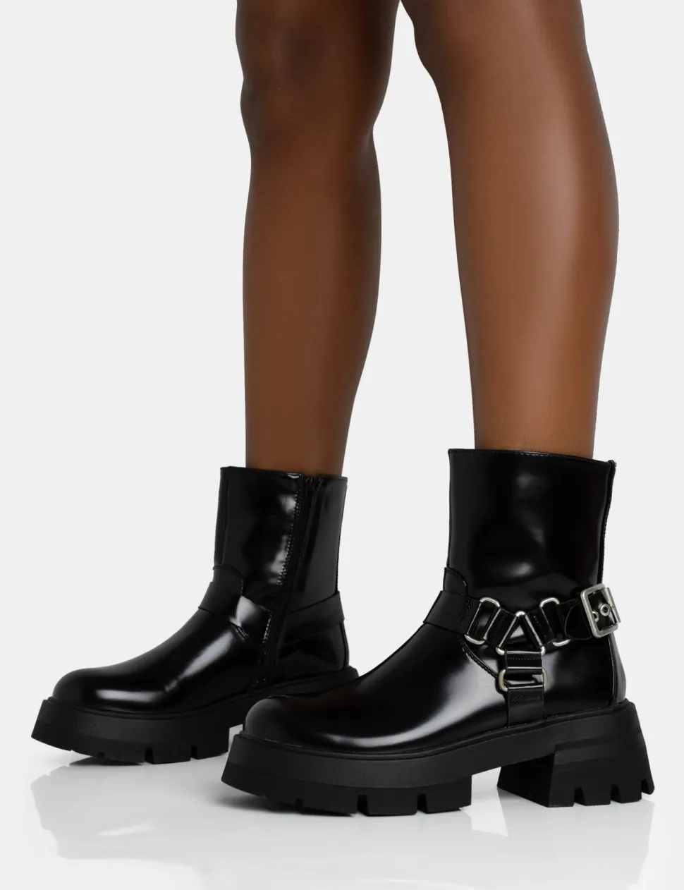 Shop Blizzard Silver Metal Buckle Detailed Zip Up Chunky Ankle Boots Flat Boots | Chunky Boots