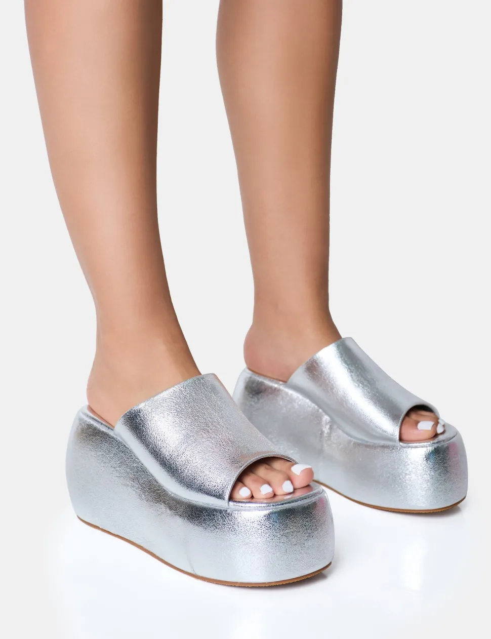 Hot Blue Moon Metallic Chunky Platform Wedge Sandals Silver Heels | Wedges
