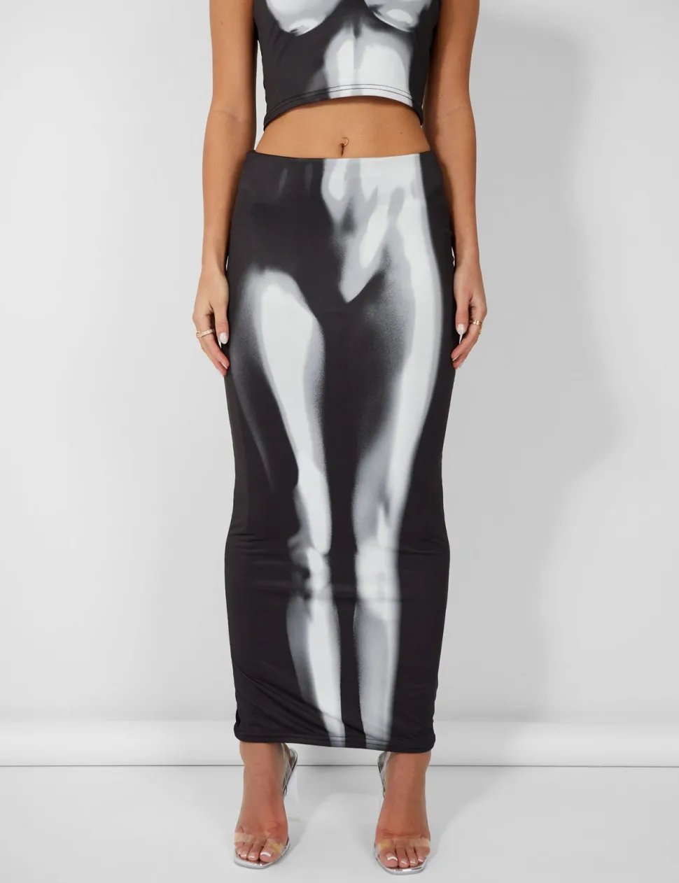 Cheap Body Heat Print Slinky Midaxi Skirt Co-ords