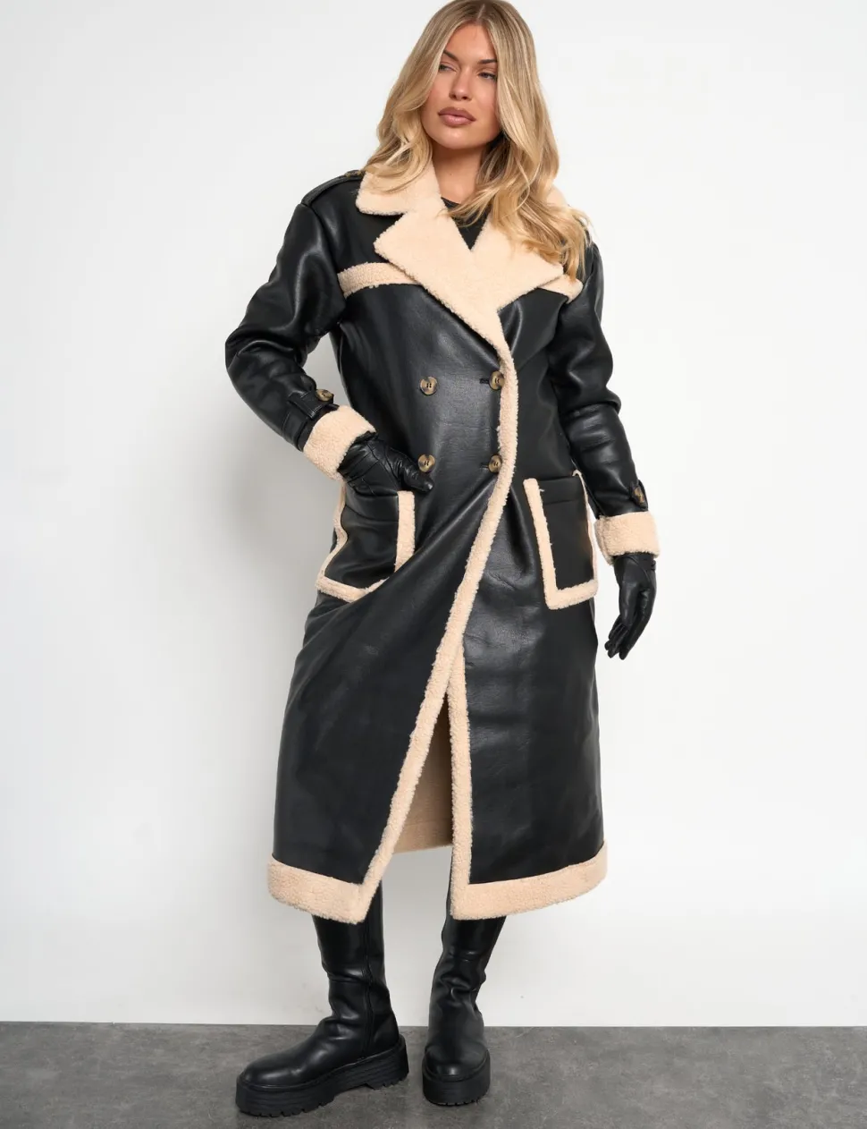 Shop Borg Lined Faux Leather Maxi Aviator Coat Outerwear & Jackets
