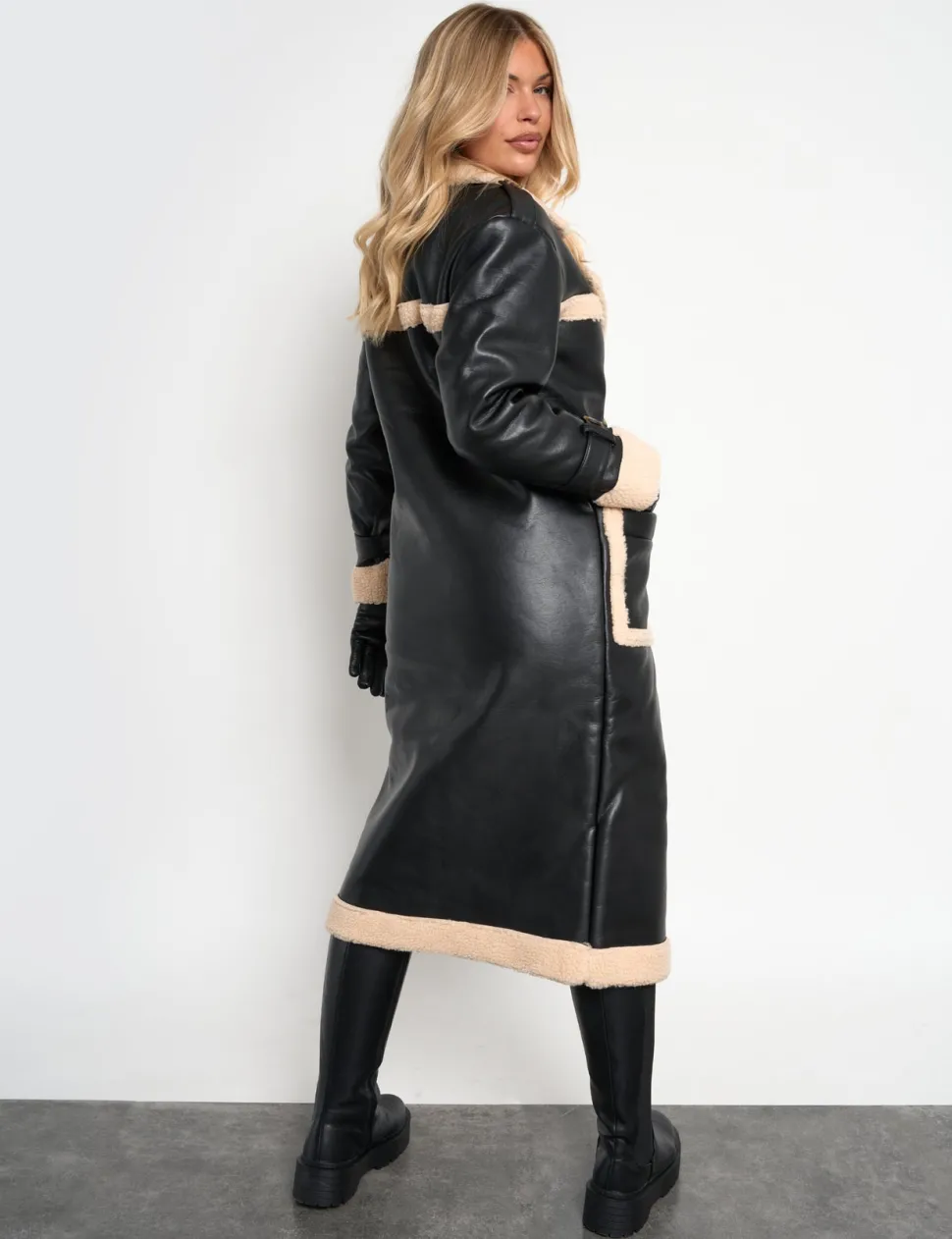 Shop Borg Lined Faux Leather Maxi Aviator Coat Outerwear & Jackets