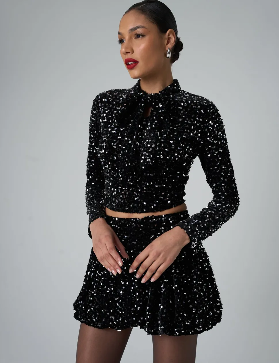 Clearance Bow Detail Sequin Long Sleeve Cropped Top Co-ords | Tops