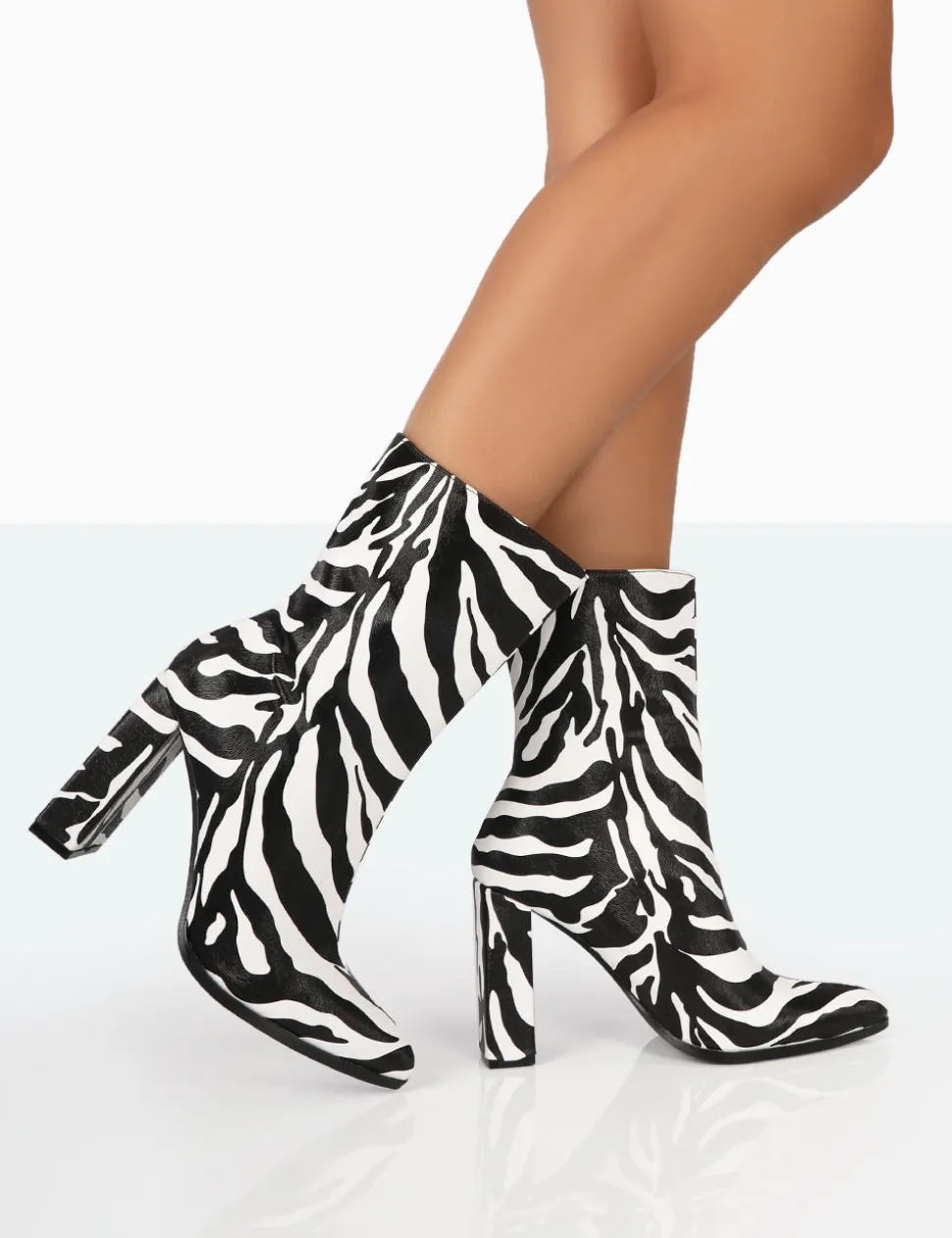 Cheap Bridget Zebra Printed PU Pointed Toe Block Heeled Ankle Boots Heeled Boots | Ankle Boots