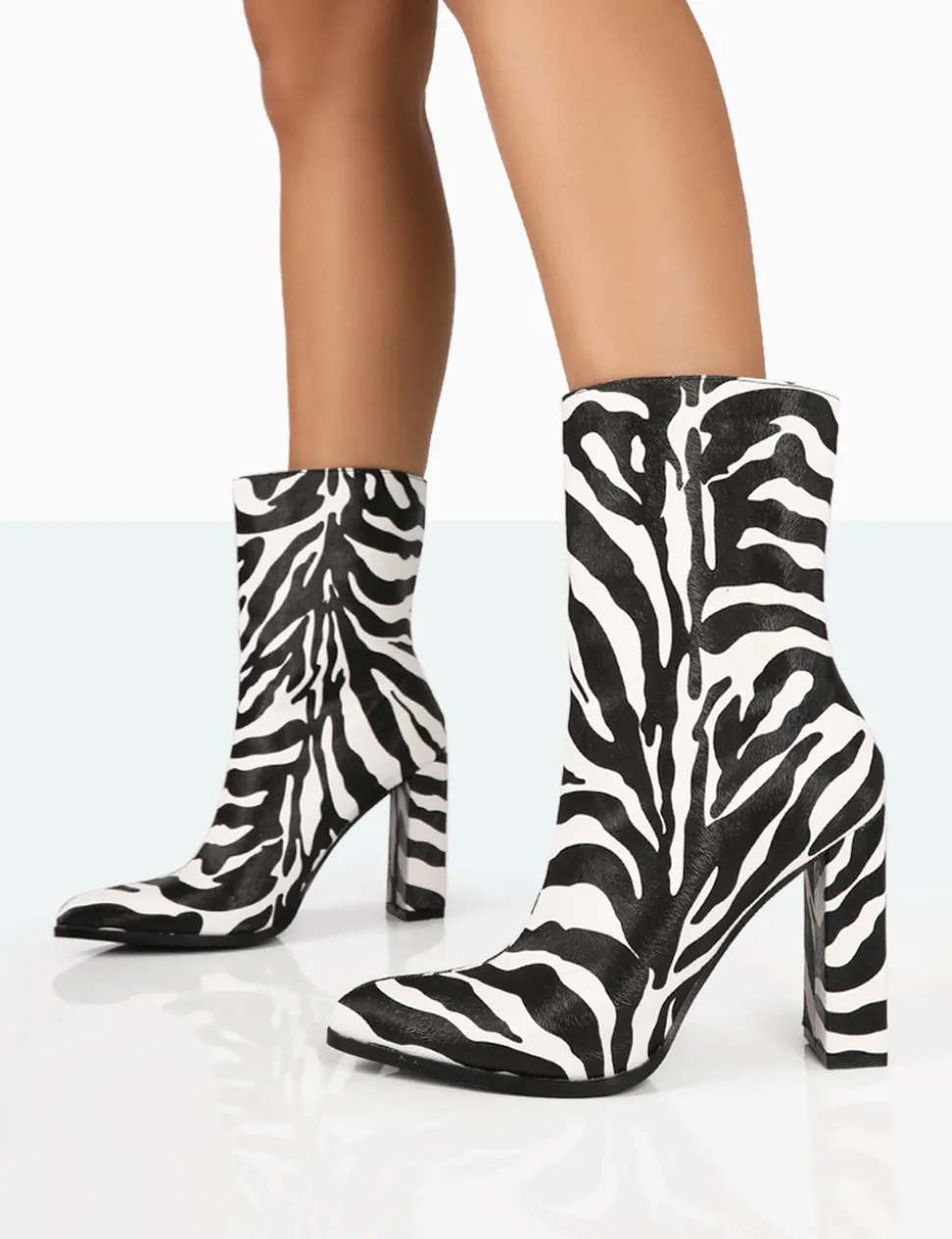 Cheap Bridget Zebra Printed PU Pointed Toe Block Heeled Ankle Boots Heeled Boots | Ankle Boots