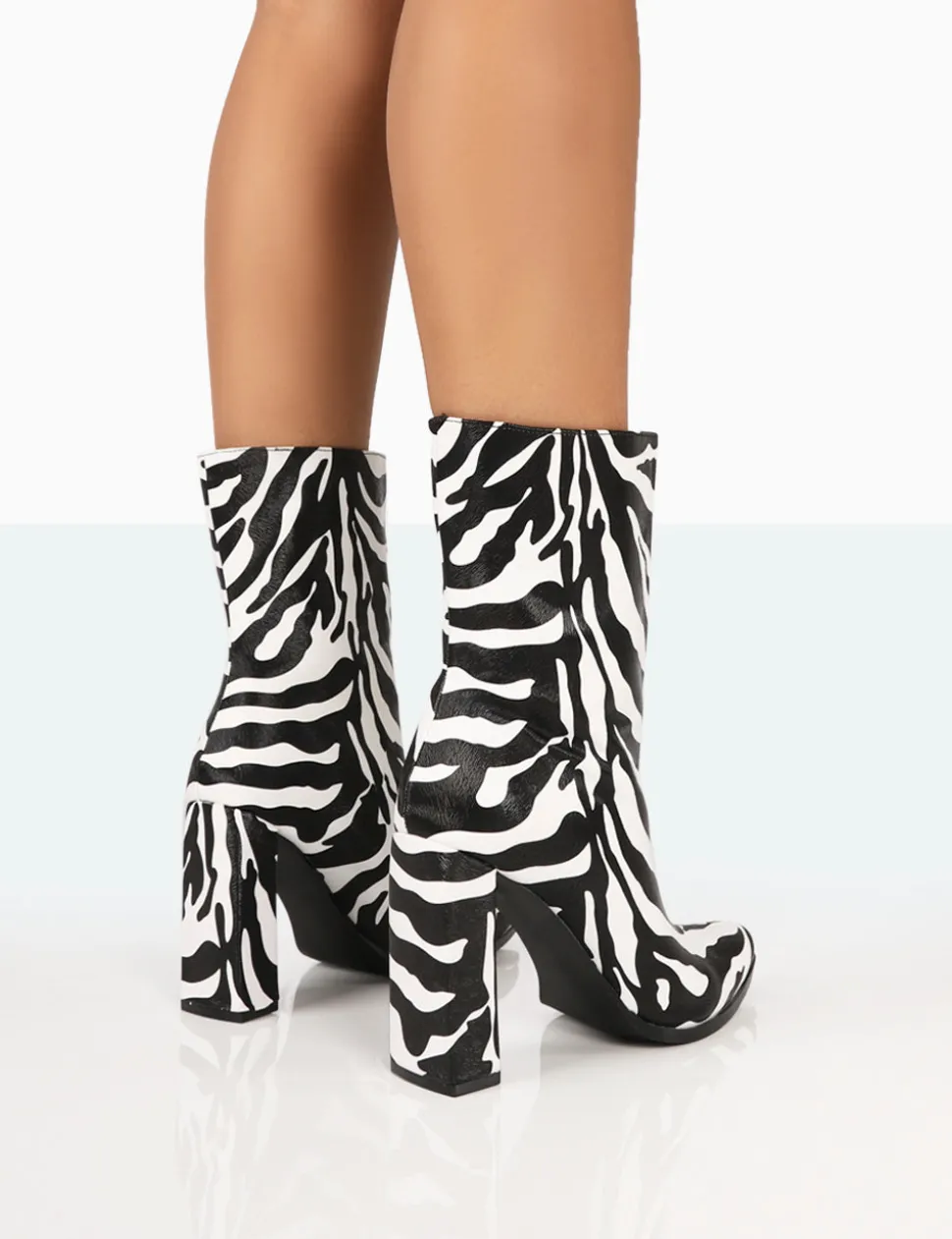 Cheap Bridget Zebra Printed PU Pointed Toe Block Heeled Ankle Boots Heeled Boots | Ankle Boots