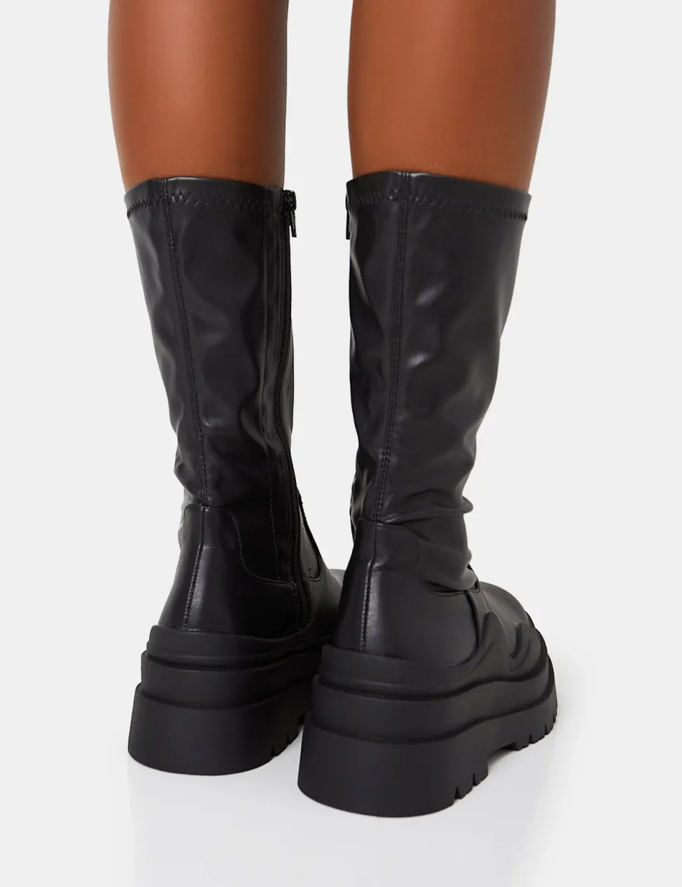 Sale Cam Chunky Platform Round Toe PU High Boots Back In Stock | Flat Boots