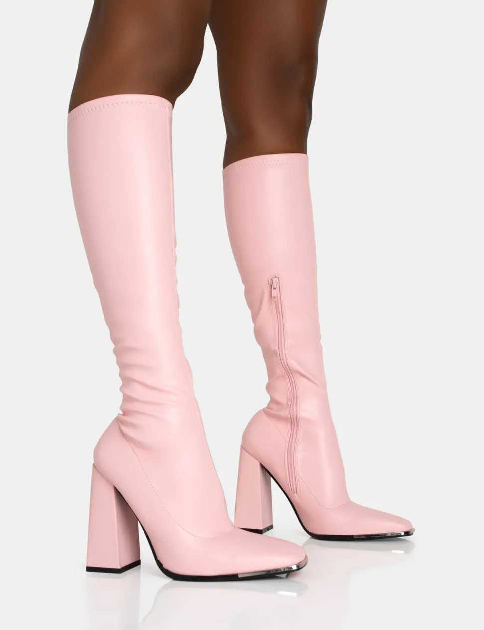 Shop Caryn Baby Pu Knee High Block Heeled Boots Pink Heels | Heeled Boots
