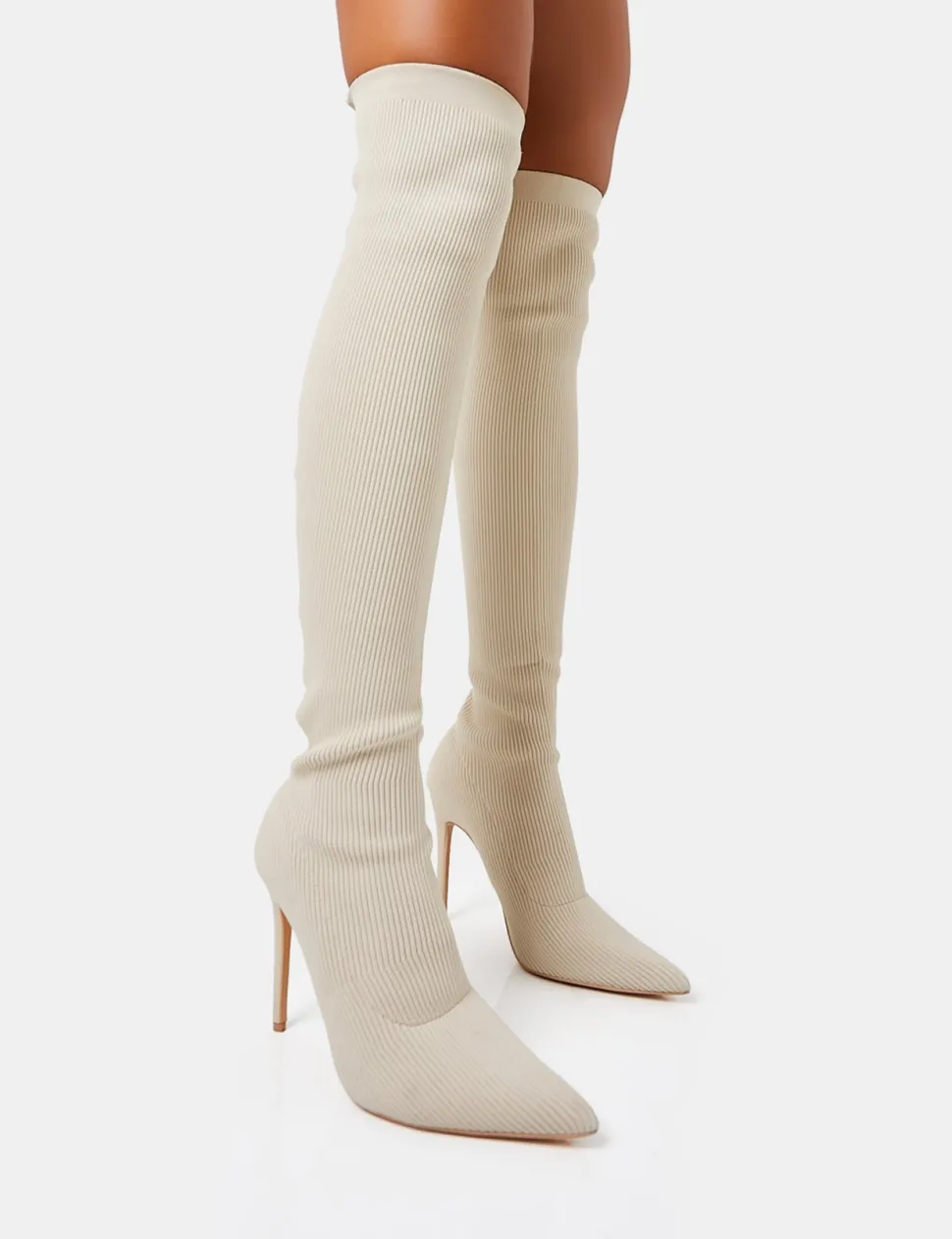 Store Chateau Off Knitted Sock Stiletto Over The Knee Pointed Boots High Heels | Heeled Boots