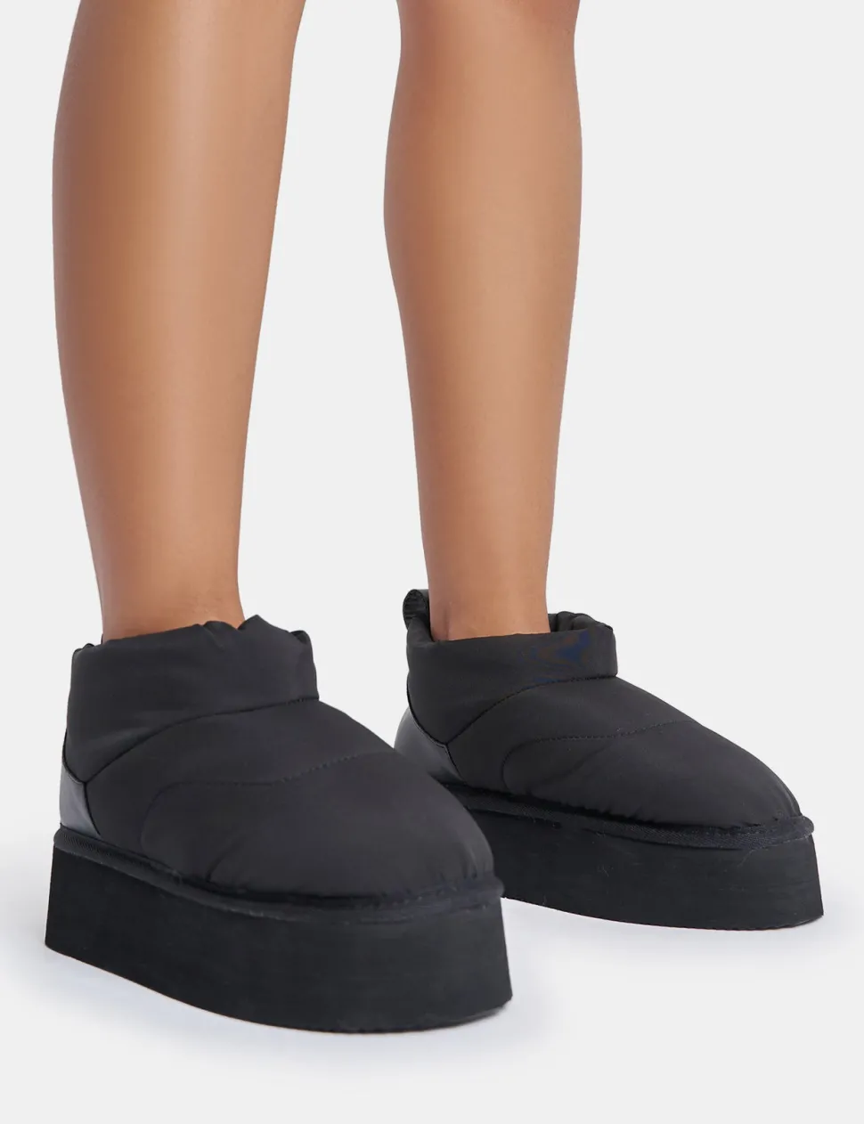 Outlet Chill Out Nylon Puffer Ultra Mini Ankle Platform Boots Faux Fur Ankle Boots | Flat Boots