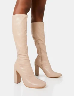 Best Christina Nude Pu Pointed Toe Block Heel Knee High Boots Block Heels | Heeled Boots
