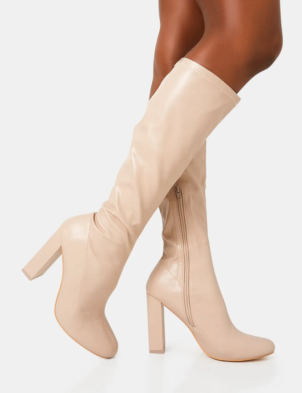 Best Christina Nude Pu Pointed Toe Block Heel Knee High Boots Block Heels | Heeled Boots