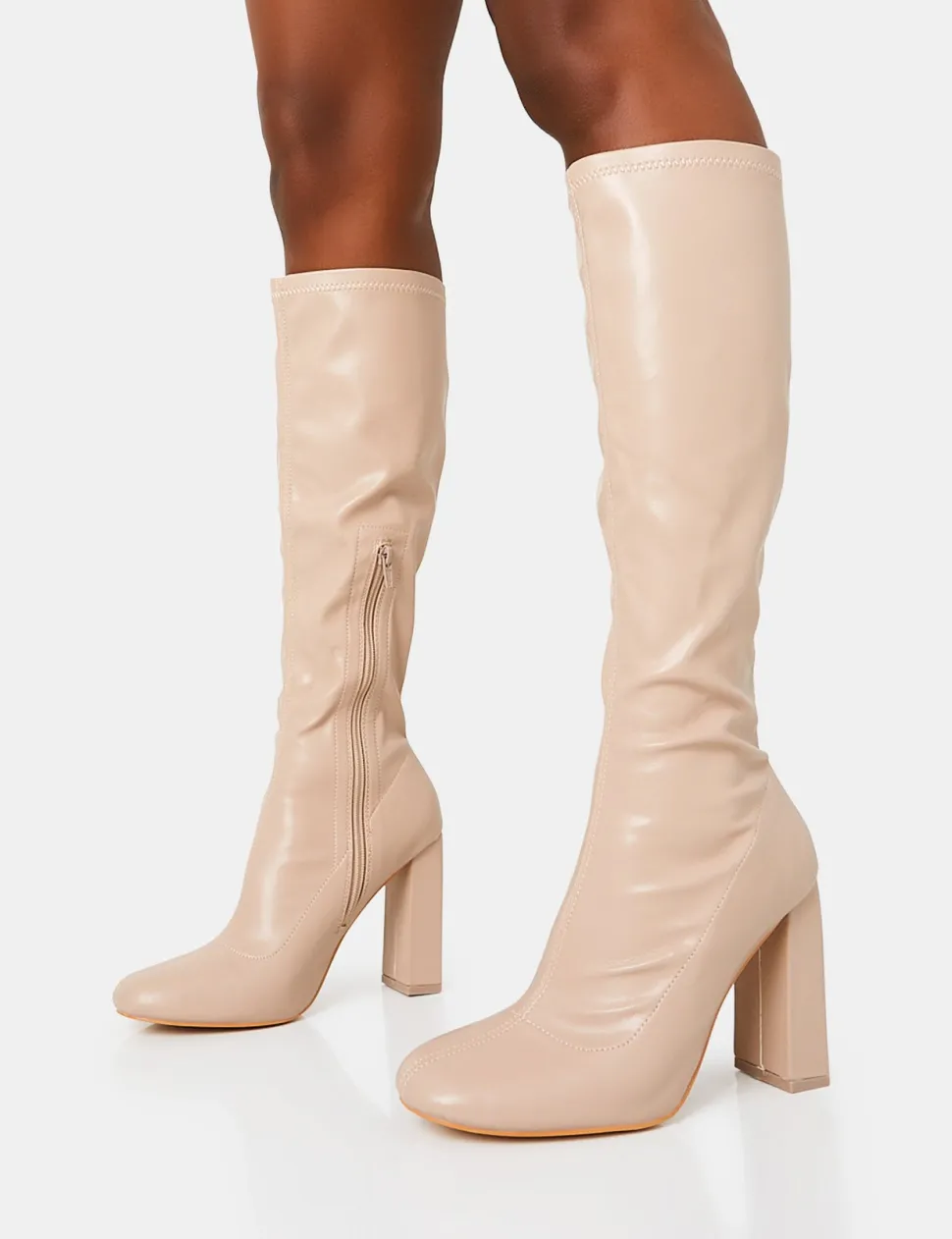 Best Christina Nude Pu Pointed Toe Block Heel Knee High Boots Block Heels | Heeled Boots