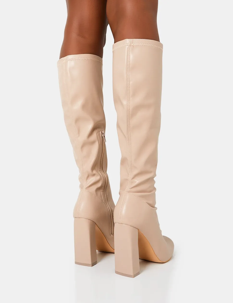 Best Christina Nude Pu Pointed Toe Block Heel Knee High Boots Block Heels | Heeled Boots