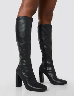 Cheap Christina Wide Fit Pu Pointed Toe Block Heel Knee High Boots Wide Fit Block Heels | Block Heels