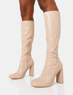 Cheap Christina Wide Fit Pu Pointed Toe Block Heel Knee High Boots Wide Fit Block Heels | Block Heels