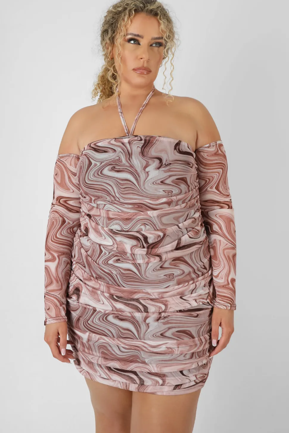Hot Curve Printed Mesh Ruched Bardot Dress Curve | Sculpt & Leisure