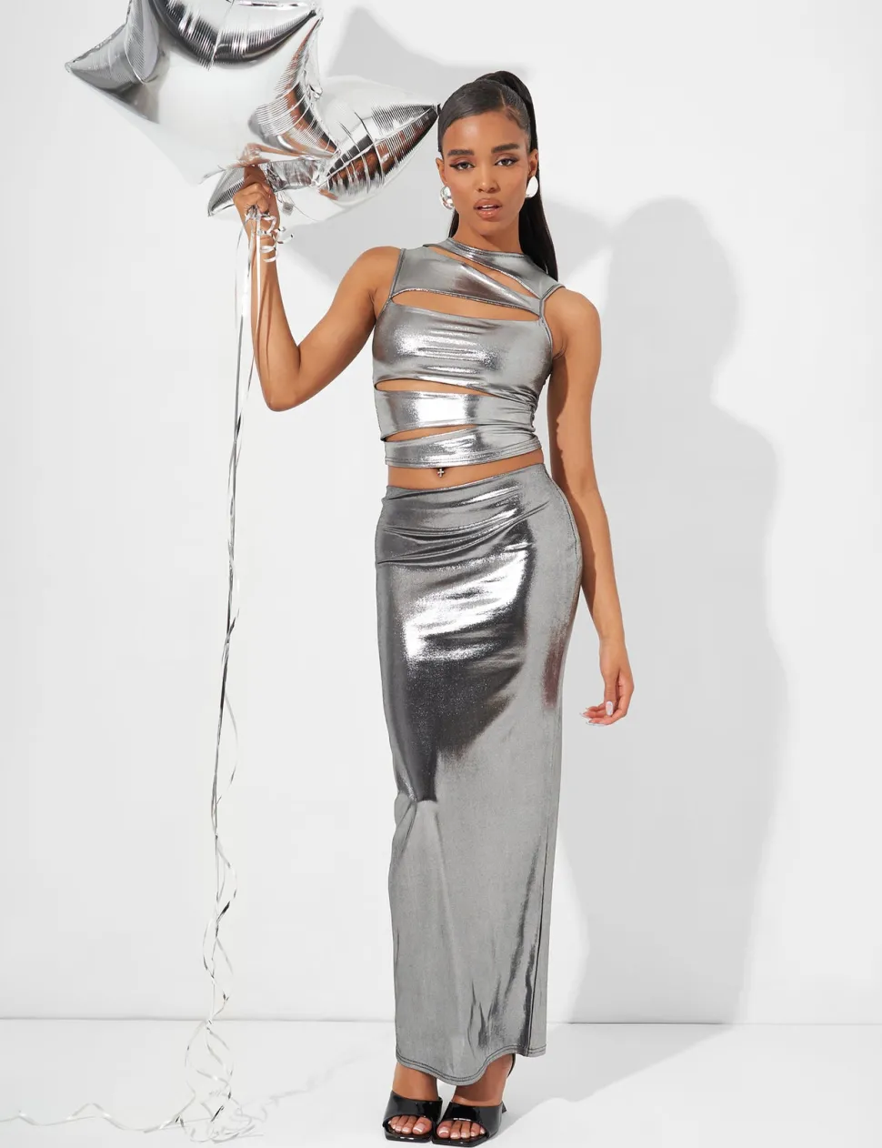 Discount Cut Out Crop Top Co Ord in Metallic Co-ords | Tops