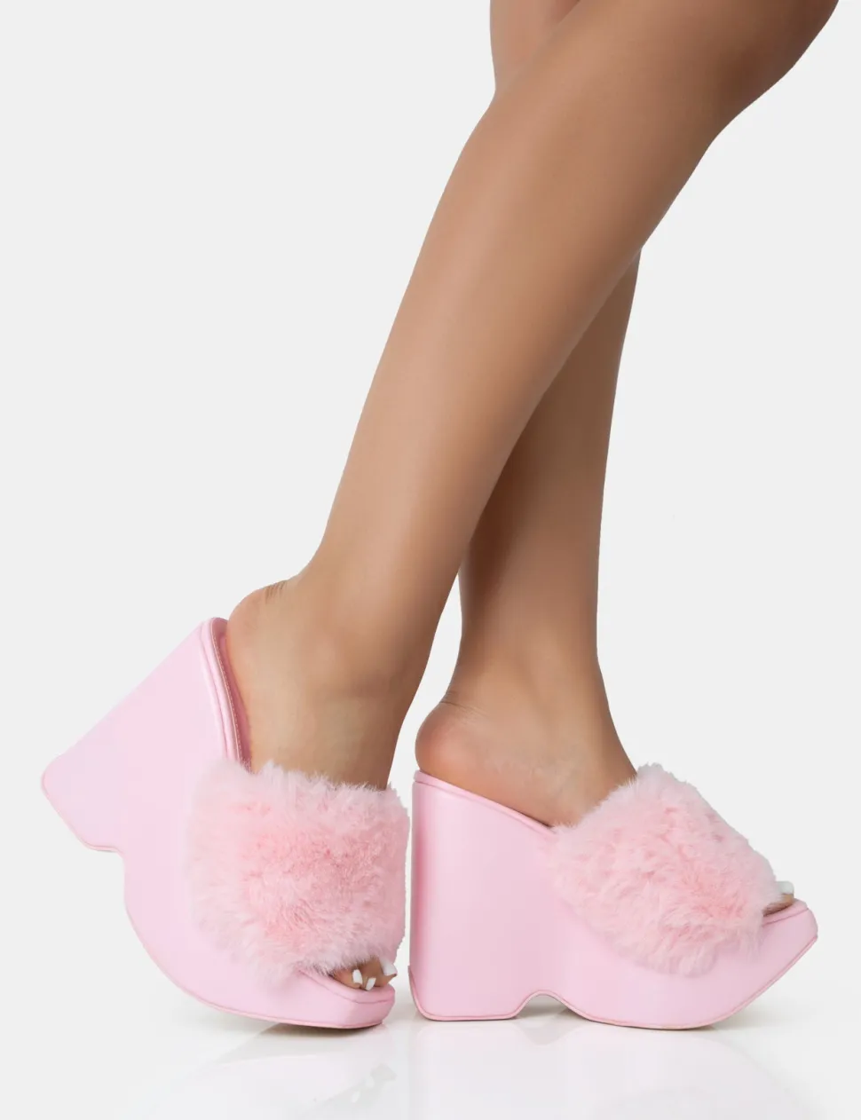 Fashion Cutie Faux Fur Platform Wedge Heels Pink Heels | Wedges