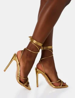 Discount Dax PU Barely There Lace Up Square Toe Stiletto Heels Barely There Heels | Gold Heels
